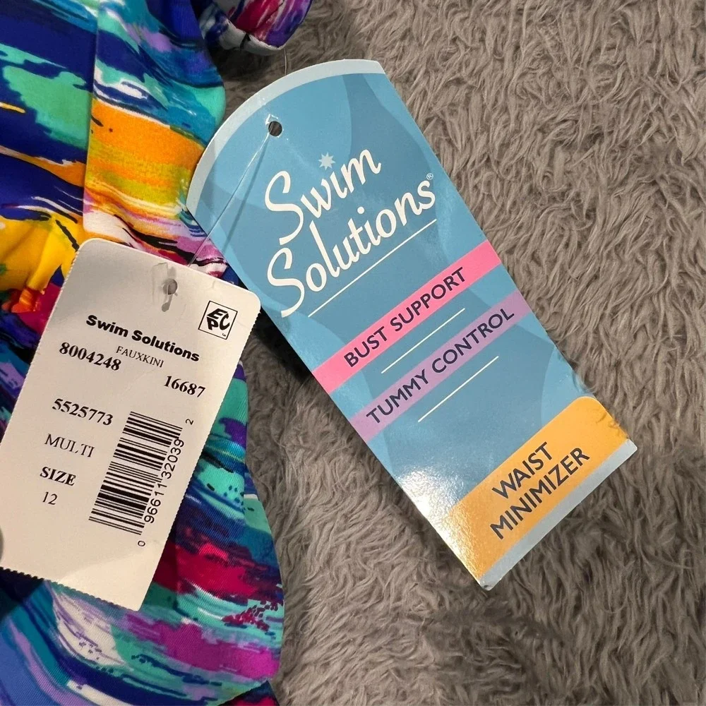 Swim Solutions One‎ Piece Swimsuit Geometric Abstract Adjustable Women's 12 NWT - Picture 5 of 9